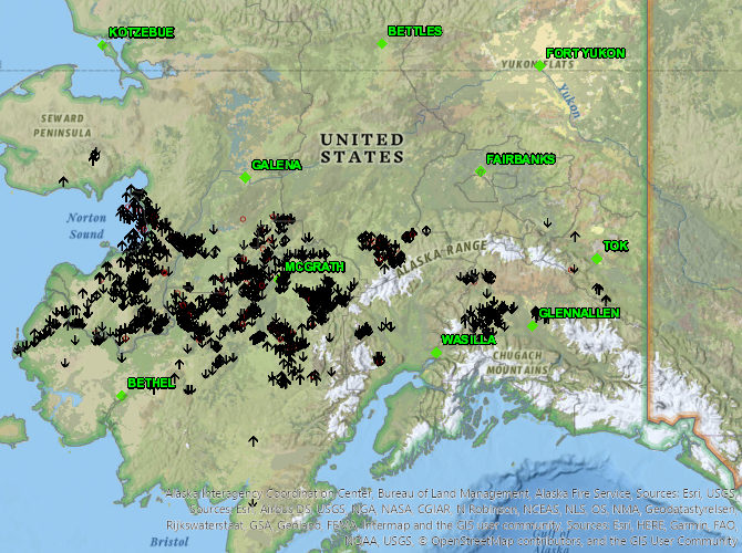 Click to enlarge Map of the more than 1,800 lightning strikes throughout Alaska on May 30, 2020.