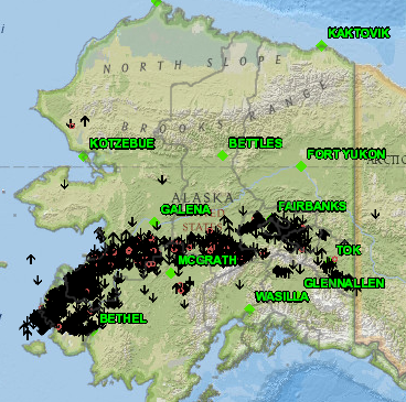 Click to enlarge Map of the more than 2,000 lightning strikes throughout Alaska on May 31, 2020