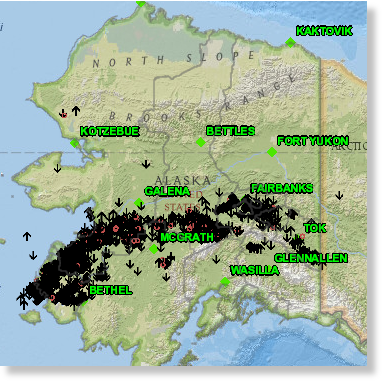 Map of the more than 2,000 lightning strikes throughout Alaska on May 31, 2020