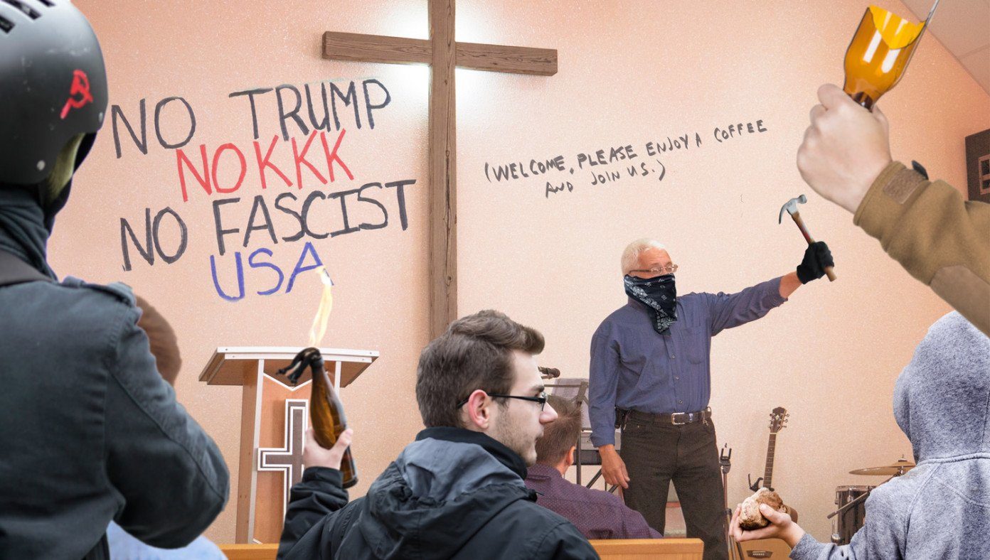 satire church members disguise rioters