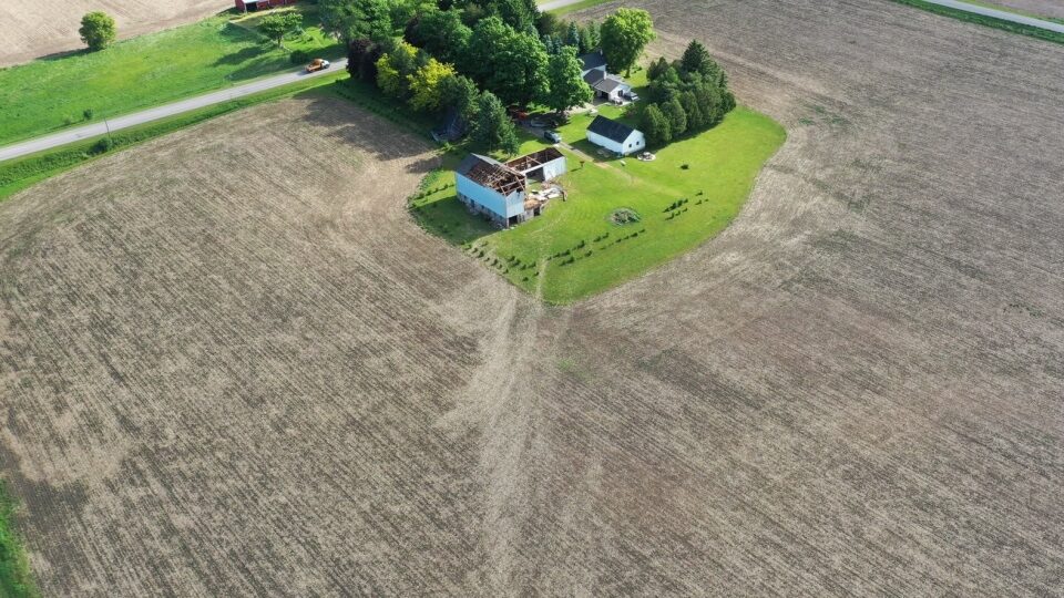 Click to enlarge Scour marks in a field lead right to a barn with its roof torn off in Belmont, Ont. following a tornado on Wednesday, June 10, 2020.