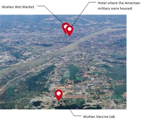 Click to enlarge Relative locations of the Wuhan vaccine lab, and where the American soldiers stayed, relative to the Wuhan wet market.