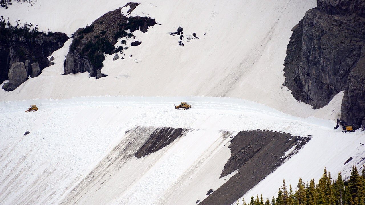 Snow removal at the Rim Rock area on the Going-to-the-Sun Road on June 3, 2020.