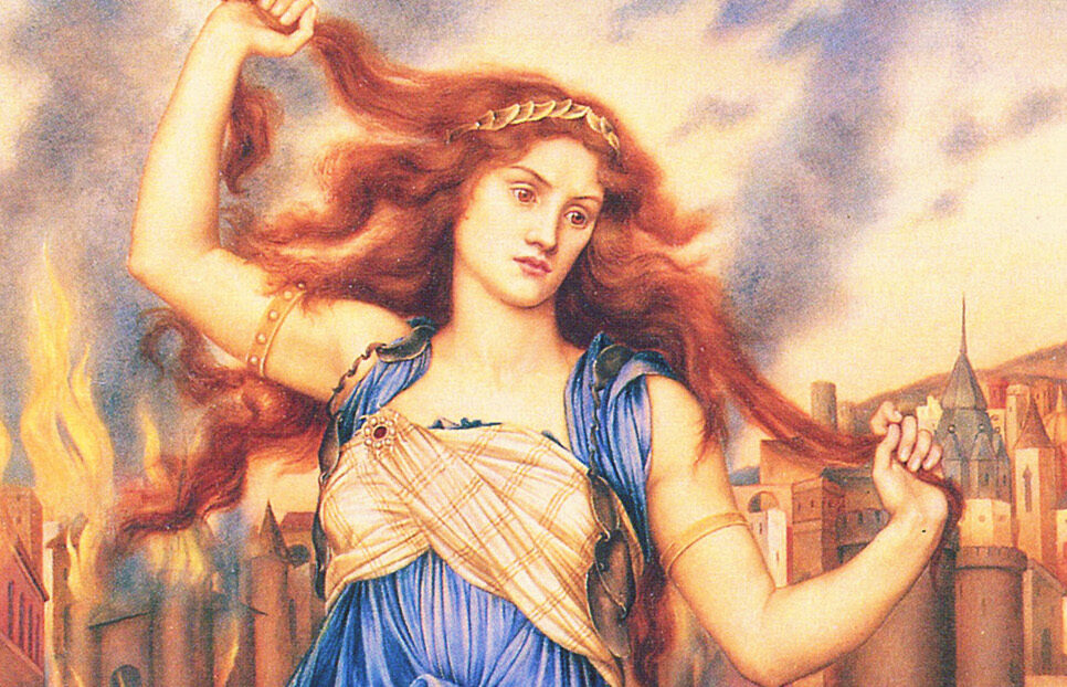Cassandra in front of the burning city of Troy