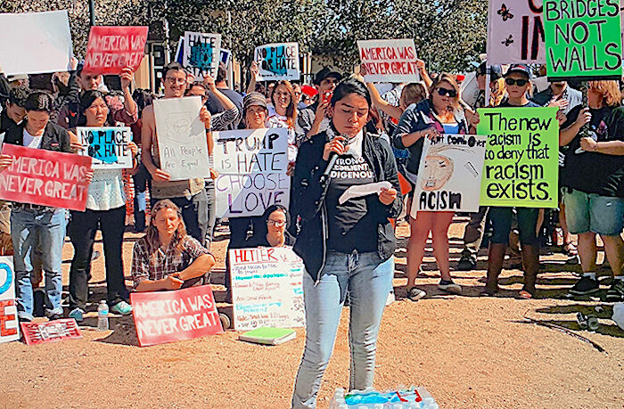 group with signs