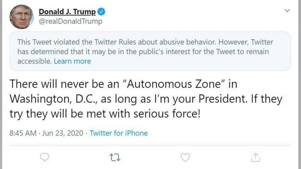 Click to enlarge Trump's twitter warning against 'autonomous zones