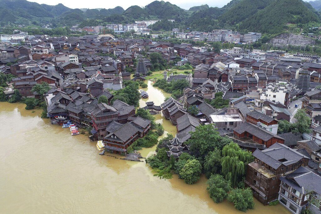 An aerial view of the ancient town of Xiasi during floods in southwest China’s Guizhou province on June 23