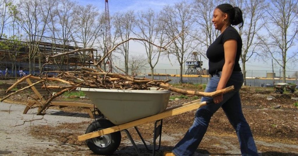 Pushing a loaded wheelbarrow
