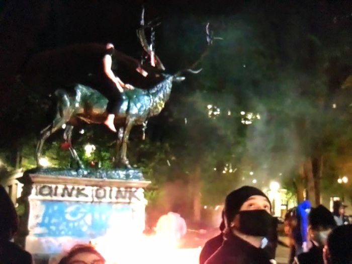 Portland Elk fountain on fire