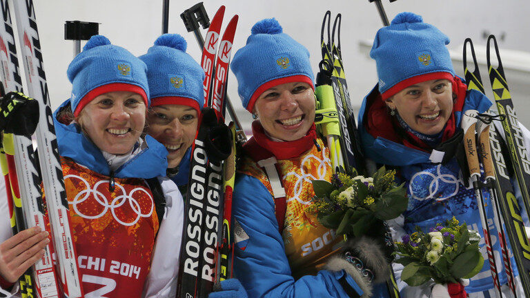 Click to enlarge Russia's Yana Romanova, Olga Zaitseva, Ekaterina Shumilova and Olga Vilukhina (L-R)