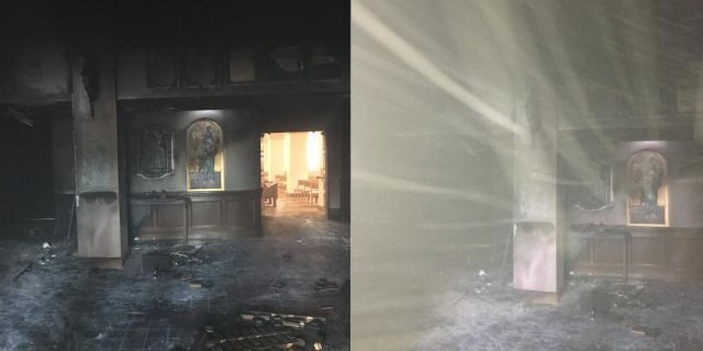 Click to enlarge Burned foyer of the Queen of Peace Catholic Church