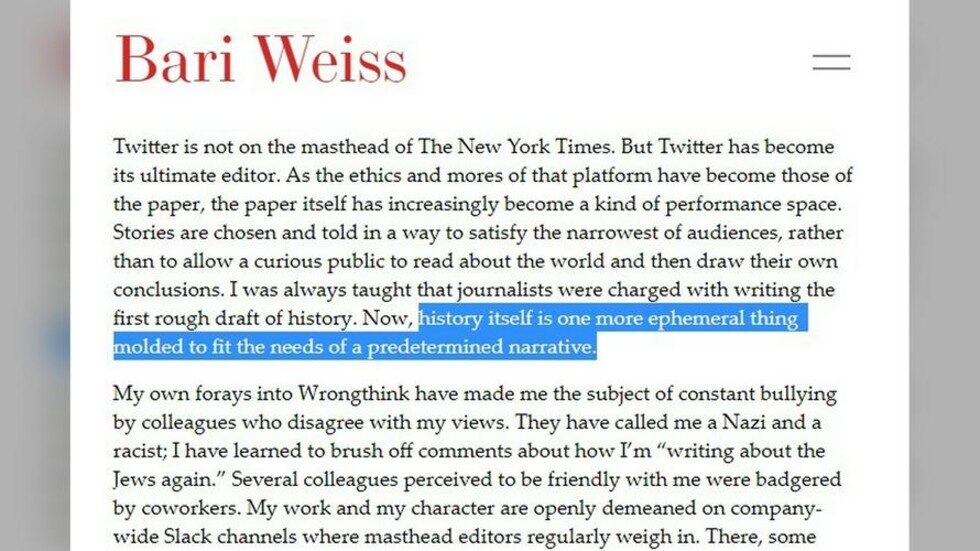 Click to enlarge bari weiss resignation new york times nyt