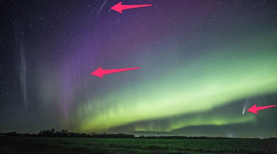 Click to enlarge Steve, comet Neowise and a meteor