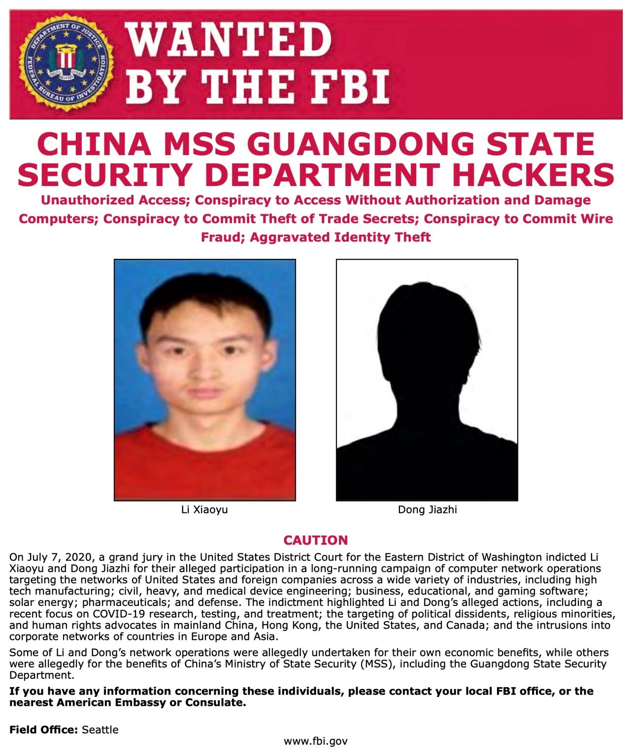 FBI wanted poster Li Xiaoyu and Dong Jiazhi