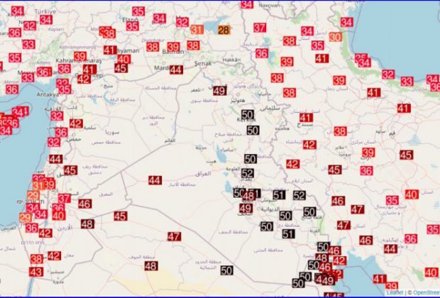 Click to enlarge BAGHDAD WITH NEW ALL-TIME HIGH TEMPERATURE RECORD, +51,8°C/125°F, SYRIA +50,0°C, ISRAEL +44,2°C; +53°C