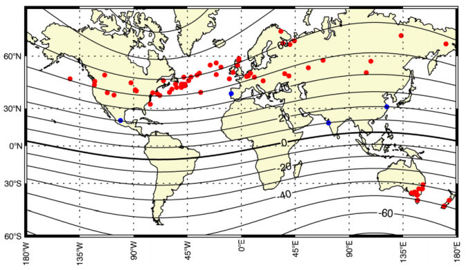 Red dots mark aurora sightings during the Oct-Nov 1903 superstorm