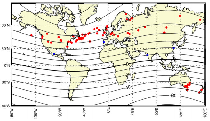 Click to enlarge Red dots mark aurora sightings during the Oct-Nov 1903 superstorm