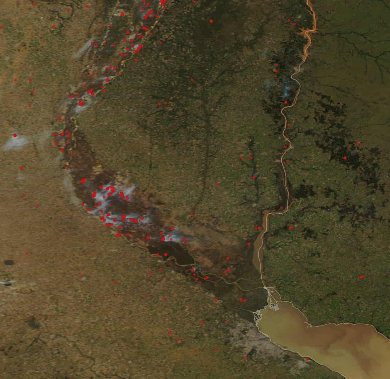 Click to enlarge Satellite-detected hot spots in the delta have