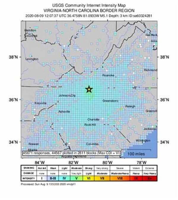 An intensity map shows the effects of an earthquake in North Carolina