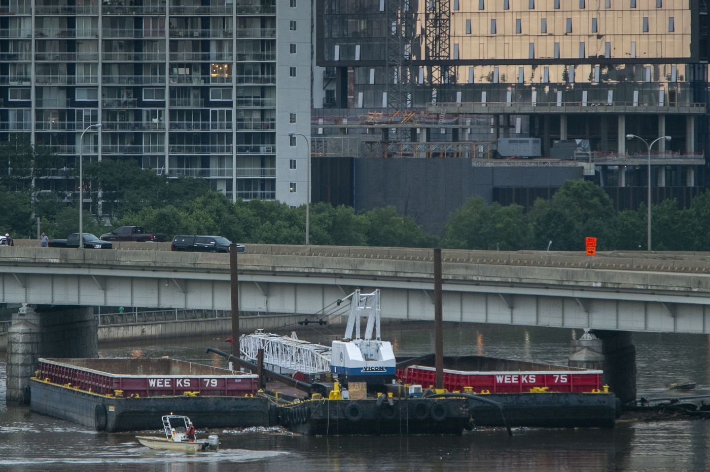 Click to enlarge Photo of barge that struck the Vine Street interchange over the Schuylkill River due to heavy rain and flooding last week.