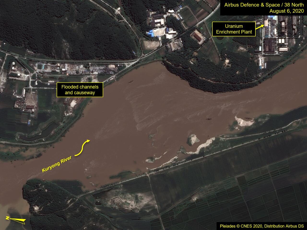 A view of the Yongbyon Nuclear Scientific Research Center shows flooding along the bank of the Kuryong River in Yongbyon, North Korea, August 6, 2020