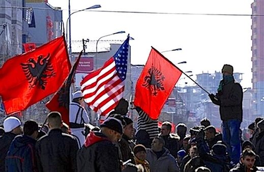 Kosovo-Albanian and US flags