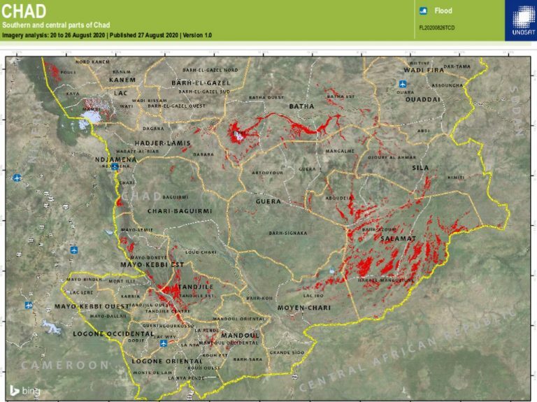 Flooded areas of Chad (shown in red) late August 2020.