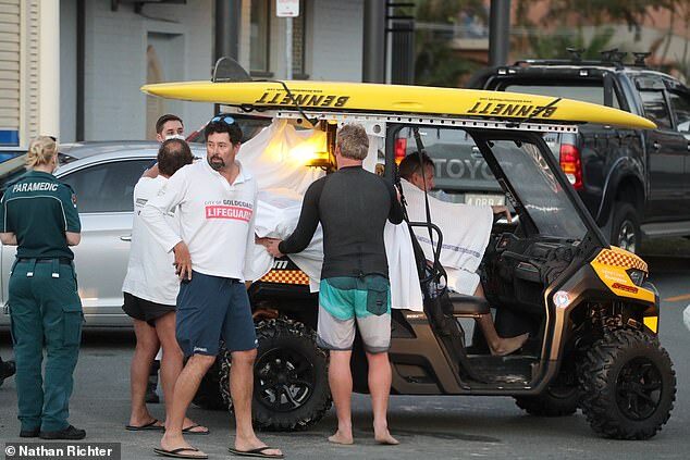 Click to enlarge The horrific mauling unfolded at Greenmount Beach just after 5pm when the man, believed to be in his 60s, was bitten on the leg