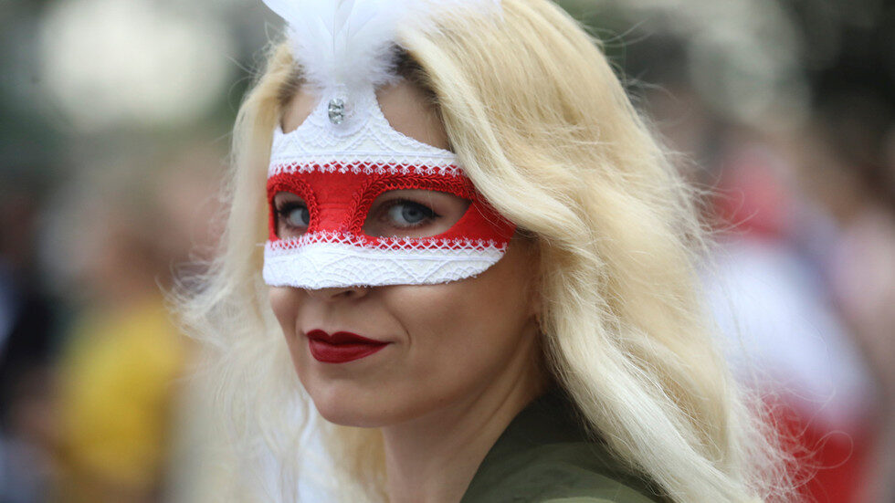 A masked opposition activist at a protest in Minsk, Belarus September 6, 2020.