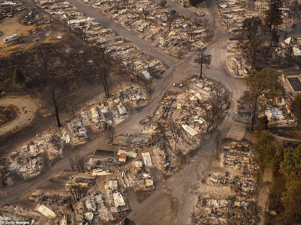 Click to enlarge Hundreds of homes in Phoenix, Oregon (mobile home park pictured), have been lost due to wildfires in the state