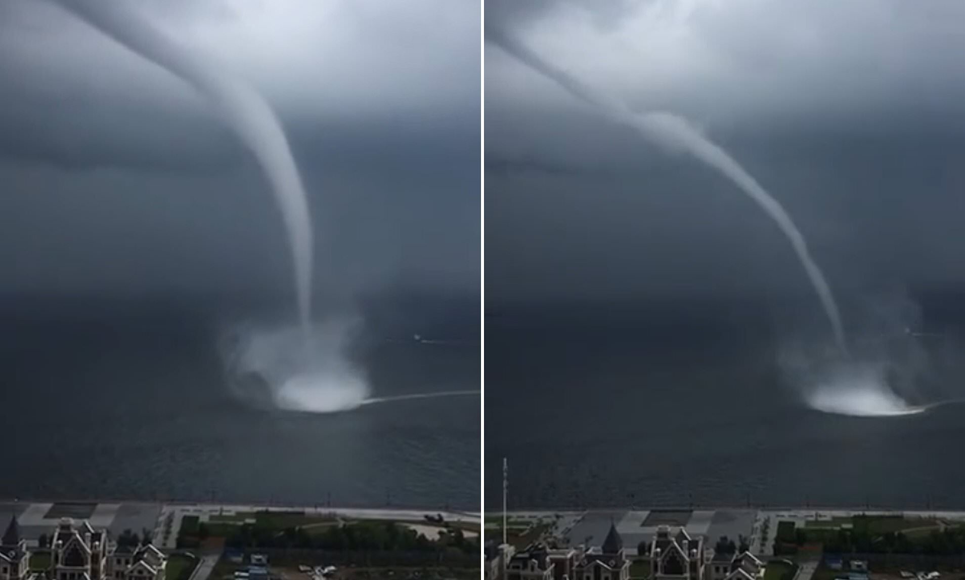 Footage released by China's Dalian Meteorology Bureau shows a waterspout looming over East Harbour Business District at 2pm on Friday. Another waterspout was spotted in the morning