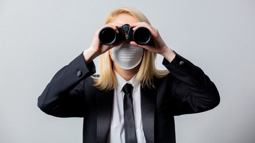 Click to enlarge mask wearer spying, COVID spying, binoculars,