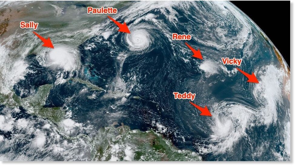 Image showing 5 simultaneous tropical cyclones in the Atlantic basin