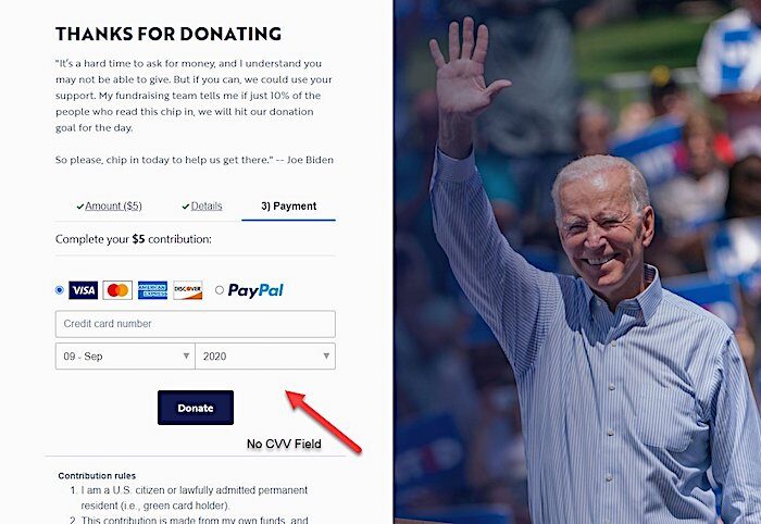Biden Contribution Page No CVV Field