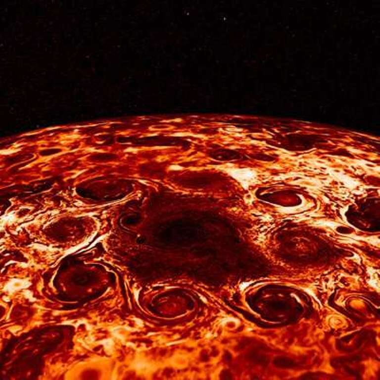 Storms gathered at the south pole of Jupiter, as imaged by the Juno probe