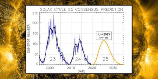 Chart of the two most recent solar cycles, plus a consensus prediction for cycle 25.