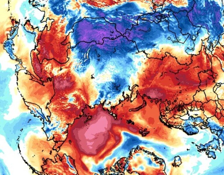 Click to enlarge GFS 2m Temp Anomalies. Arctic is center-bottom with Russia located “above”.