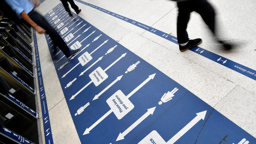 social distancing markers at Waterloo station