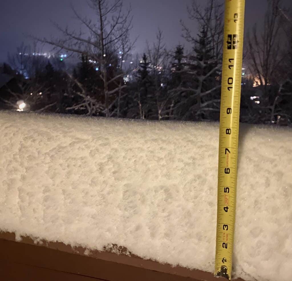 A view of Vail Village on Sunday evening. Snow was falling at rates of more than 1 inch per hour in places.