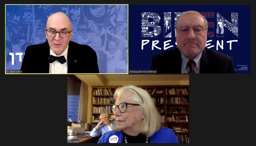 Eliot Cohen (l), Eric Edelman and Ann Lewis on Jewish Americans for Biden call Oct. 28, 2020.