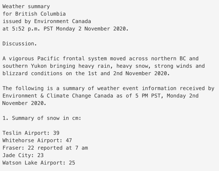 Environment Canada Summary detailing the “blizzard conditions” on Nov 1 and 2.
