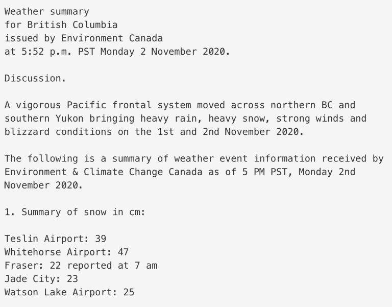 Click to enlarge Environment Canada Summary detailing the “blizzard conditions” on Nov 1 and 2.