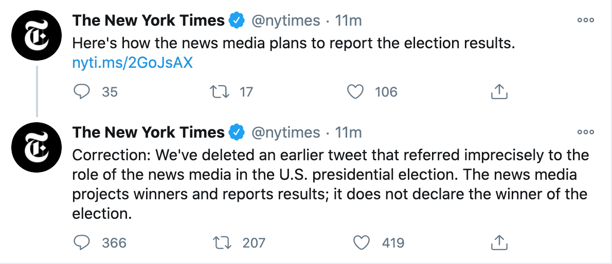 nyt retract tweet election fake news trump biden