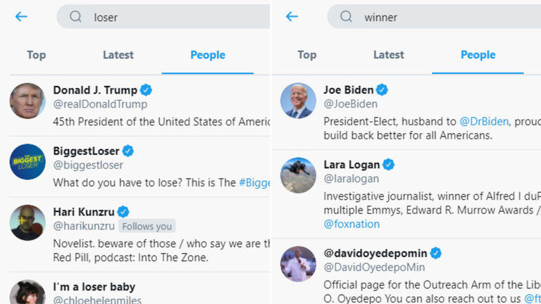 Click to enlarge Twitter search results for winner/loser