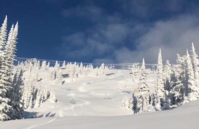 Click to enlarge Fresh snow and blue skies at Big White Saturday morning.