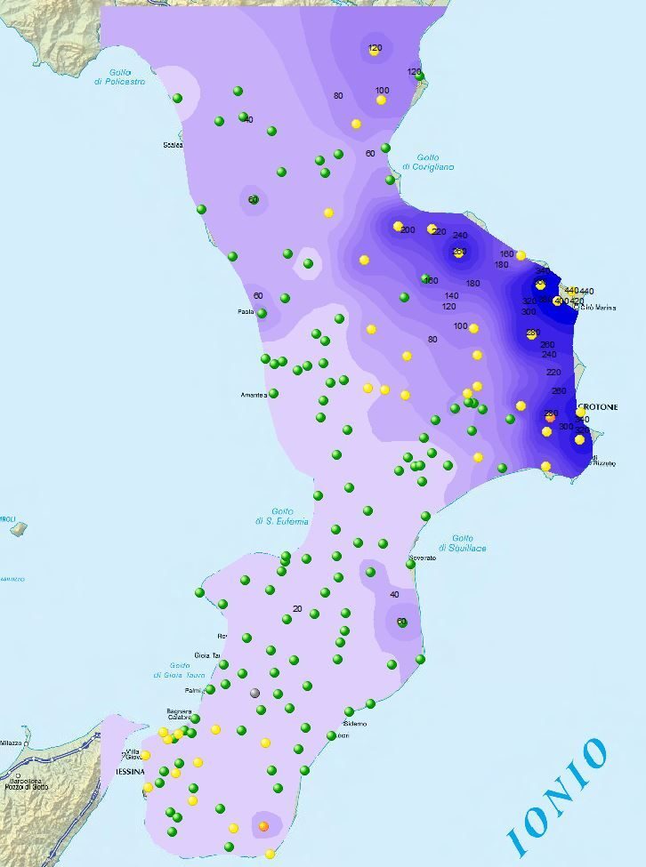 Click to enlarge Some areas recorded more than 450 mm of rain in 48 hours to 22 November. Image: ARPA Calabria