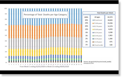 After retrieving data on the CDC website, Briand compiled a graph representing percentages of total deaths per age category from early February to early September.