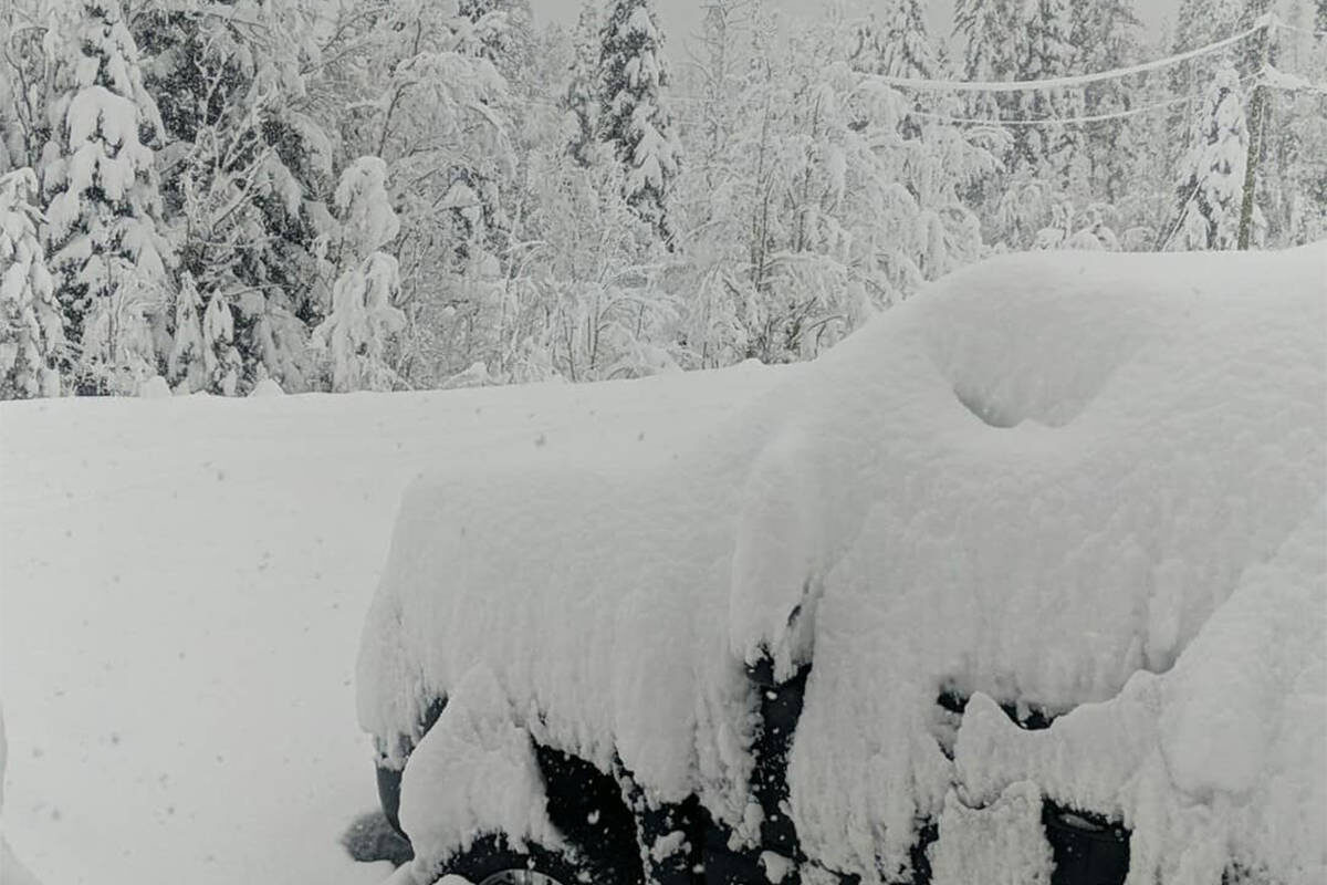 Click to enlarge A heavy snowfall in the Chilcotin overnight, as seen here at Ulkatcho First Nation near Anahim Lake on Friday, Nov. 27, has resulted in several downed power lines and the closure of some of Highway 20.