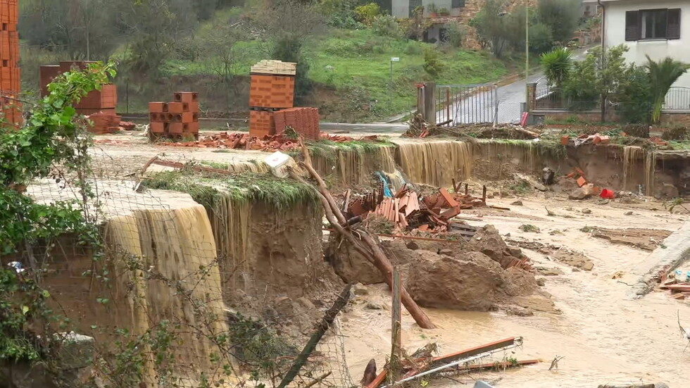 A road has collapsed in the town of Bitti, Sardinia, Italy, on November 28, 2020.