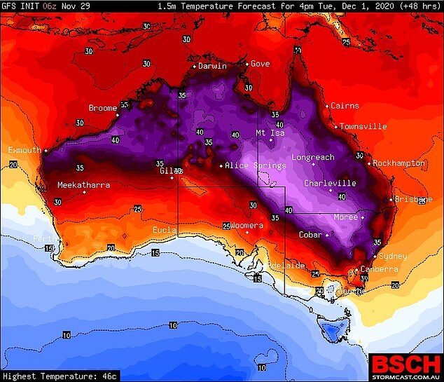 Click to enlarge The forecast heat map for the first day of summer with a renewed heatwave across inland eastern Australia